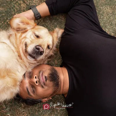There's nothing quite like a peaceful nap with your best friend. This overhead shot captures a moment of pure trust and contentment between a man and his Golden Retriever.