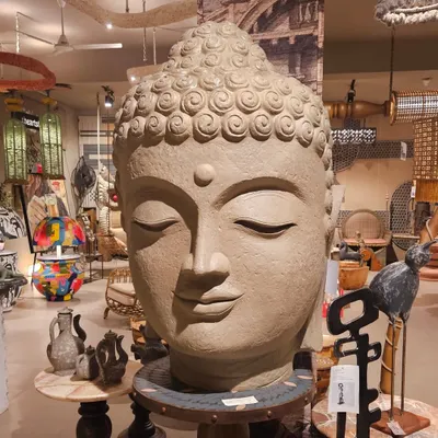 A magnificent and serene Buddha head sculpture, serving as a powerful centerpiece in our showroom. The right artifact can bring a sense of peace and grandeur to any space.