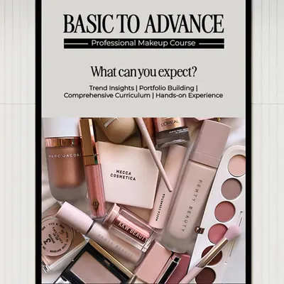 Our 'Basic to Advance' Professional Makeup Course is designed to shape careers. Expect to learn about trend insights, portfolio building, and gain extensive hands-on experience.