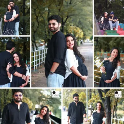 A collage from a beautiful outdoor maternity shoot, showcasing a variety of poses from couple portraits to lovely solo shots of the mother-to-be.