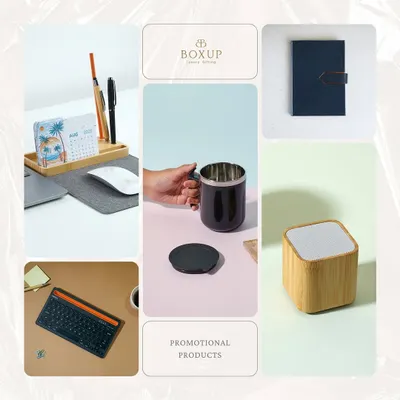 Your brand, everywhere. This mood board showcases some of our popular promotional products, from desk organizers and mugs to Bluetooth speakers and keyboards.