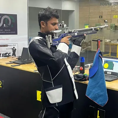 Celebrating our coach and shooter Rakesh Manpat's victories at the Karnataka State Shooting Championship, where he won Gold, Silver, and Bronze medals.