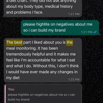 This client's feedback on our daily meal monitoring shows why my approach works. Accountability and consistent support are the keys to making real, lasting changes to your diet and health.