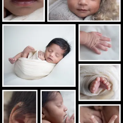 This collage is a beautiful way to remember all the little things. It combines a full portrait with close-ups of the baby's hands, feet, lips, and ears, creating a complete story of their newborn features.