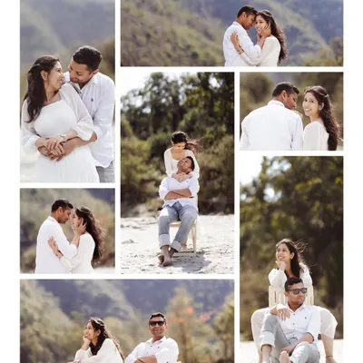 A beautiful white-themed collage from a riverside shoot. This layout shows a variety of poses, from playful to romantic, telling the story of their day.