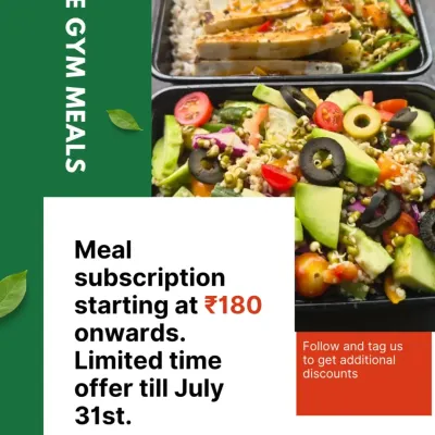 This graphic details one of my past meal subscription offers. I regularly provide promotions to make healthy eating more accessible for the fitness community in Navi Mumbai.