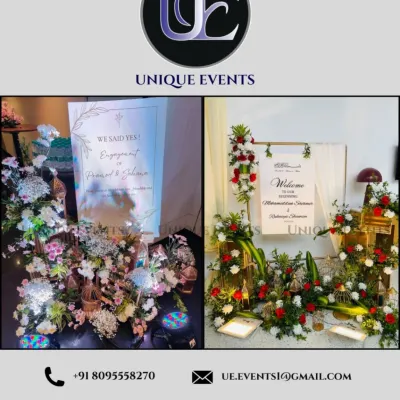 I design custom welcome boards that reflect the style of your event. This image shows two options: a modern, illuminated sign for an engagement party and a classic white board for a wedding, both beautifully decorated with fresh flowers.