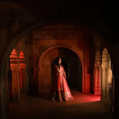 A dramatic portrait of the bride in a historic-looking setting. I use creative lighting to sculpt the scene and create a moody, cinematic feel that highlights her silhouette.