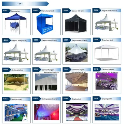 I offer a complete range of tents for any event. This includes everything from simple canopy and pagoda tents for small functions to large German Hangers, which can be fitted with platforms, draping, and even air conditioning.