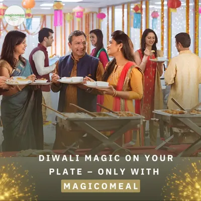 I bring the magic of Diwali to your plate with festive feasts. This image captures the joy of an office celebration, with colleagues in traditional wear enjoying a special meal together.