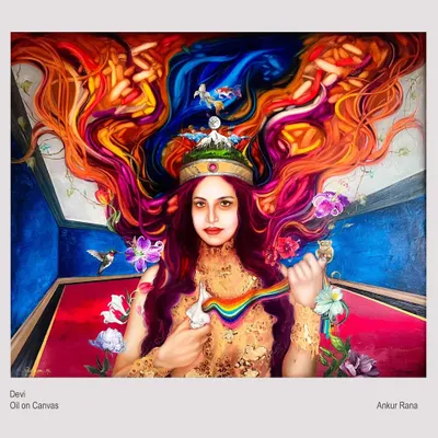 My painting "Devi," an oil on canvas that celebrates the goddess within every woman. The vibrant, flowing colors and symbolic elements are meant to convey a sense of creative and spiritual power.