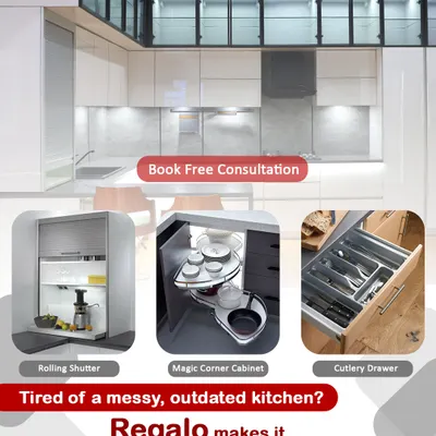 Tired of messy kitchens? We make them modular, modern, and magical with smart storage. This collage shows our rolling shutter for appliances, a magic corner cabinet to utilize dead space, and a perfectly organized cutlery drawer.
