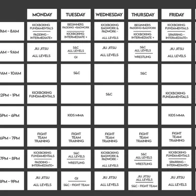 Our training schedule, featuring a mix of Jiu-Jitsu, Kickboxing, and S&C classes for all levels, including Kids MMA.