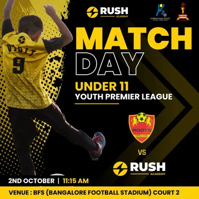 Match day announcement for our Under 11 team in the Youth Premier League. This graphic features one of our players celebrating, capturing the excitement and energy of competitive youth football.