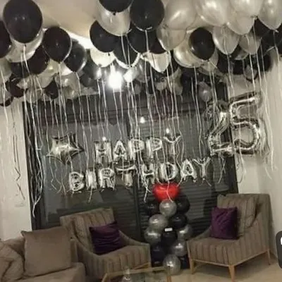 A modern and stylish 25th birthday celebration using a silver and black color scheme. I include large number foils to mark the milestone age, along with a 'Happy Birthday' banner and coordinated balloon arrangements.