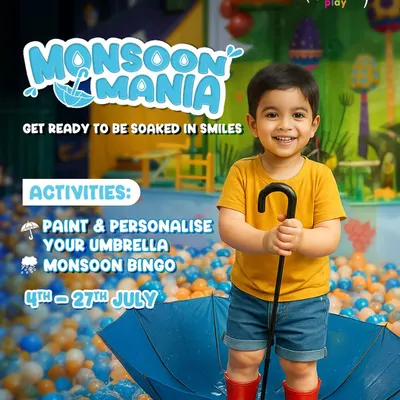 Monsoon Mania is here! This poster shows a happy boy ready to be soaked in smiles with our fun activities like painting an umbrella and playing monsoon bingo.