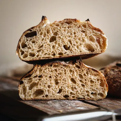 The beauty of a perfect sourdough loaf is in its details. This cross-section shot highlights the open, airy crumb and the beautiful "ear" on the crust.