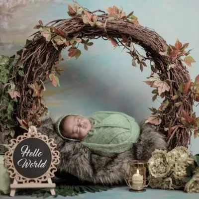 A baby swaddled in green, sleeping peacefully inside a large wreath made of natural vines and leaves. This 'Hello World' setup is a beautiful way to announce your new arrival.