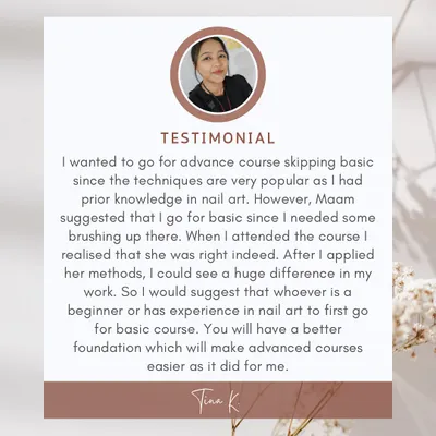 This feedback from Tina emphasizes why I insist on starting with the basics. A strong foundation is the key that unlocks more advanced and complex nail art skills.