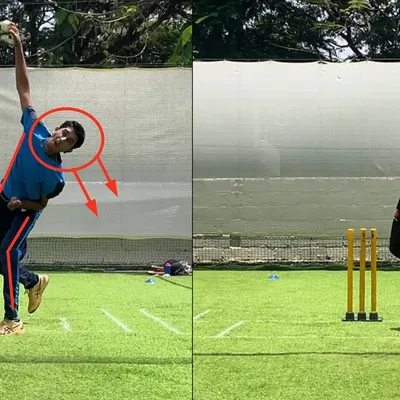 This is another angle of the same right-arm leg spinner's transformation. We corrected the lateral head fall and lower body collapse, resulting in a much stronger and more stable release point.