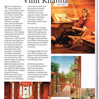 This article captures my core belief that a home should be like "frozen music," reflecting the client's life. It discusses my commitment to using local materials like Delhi stone and wood, and the importance of total surrender to the creative process.