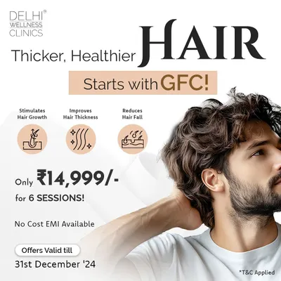 Thicker, healthier hair starts with GFC. Take advantage of our special package of 6 sessions to stimulate hair growth, improve thickness, and reduce hair fall. No Cost EMI is available.