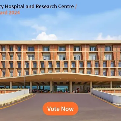 The Symbiosis University Hospital and Research Centre features a distinctive brick jali facade that provides shading and ventilation while creating a strong visual identity. The grand, sheltered entrance is designed to be welcoming and easily accessible for patients and visitors.