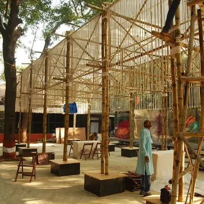 The BMW Guggenheim Lab, a temporary public pavilion we designed in Mumbai. This structure, built with a diagrid roof of bamboo, served as a hub for workshops and public talks, demonstrating our interest in sustainable materials and community-focused architecture.
