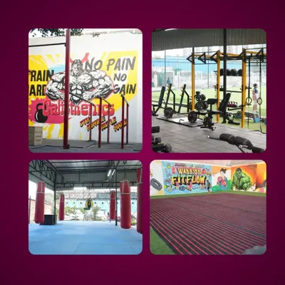 A look at our diverse training zones. We have a dedicated calisthenics area, a fully equipped weight gym, and a matted space with punching bags.