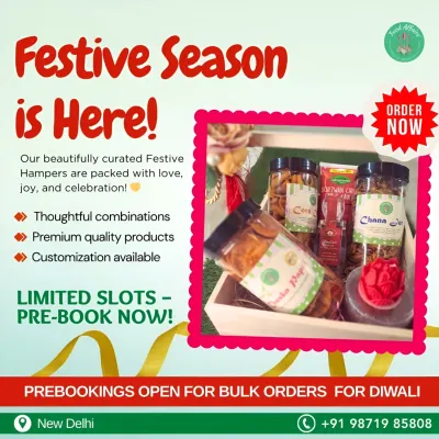 Our festive hampers are curated with love and care, featuring a thoughtful combination of our premium homemade products. We are now taking pre-bookings for Diwali, so you can reserve your special gifts in advance.