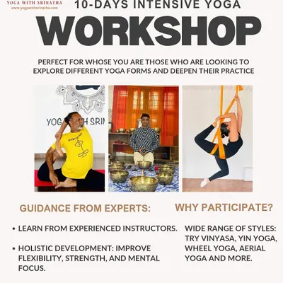 An overview of our 10-day intensive yoga workshop, perfect for those looking to explore different styles like Vinyasa, Yin, and Aerial yoga, and experience healing sessions like sound healing and Tai Chi.
