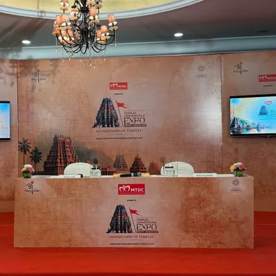 The main stage setup for the International Temples Convention & Expo, featuring a custom backdrop and integrated AV screens to create a focal point for the entire event.