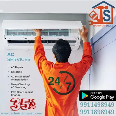 Our technician is available 24/7 for any AC emergency. This image highlights our round-the-clock availability and a special 35% discount on AC services, including repair, gas refill, and deep cleaning.