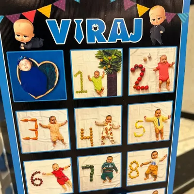 A 'first year' milestone photo board is a wonderful way to share memories. I can design these to match any party theme, like this one for a Boss Baby celebration.