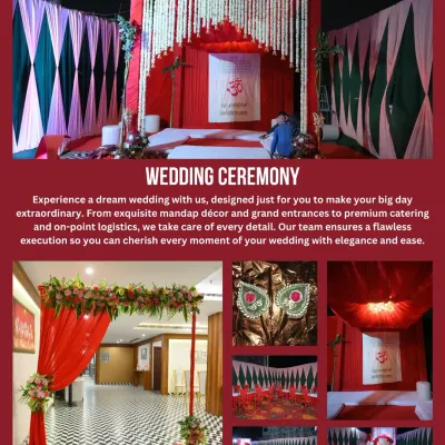A traditional Bengali wedding ceremony setup, rich in red and white. I used classic elements like floral hangings and a beautifully draped mandap to create a space that felt both grand and deeply personal for the couple's big day.
