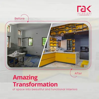 An amazing transformation. This before-and-after shot shows how we turned an empty, under-construction space into a vibrant and modern yellow kitchen, complete with an island and high-end finishes.