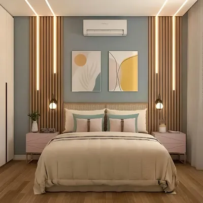 This bedroom features a serene color palette and a fluted wood accent wall with integrated vertical lighting for a calming effect.
