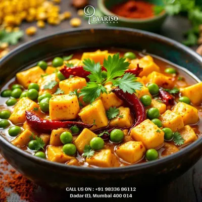 Our Matar Paneer is a vibrant and flavorful curry made with soft paneer cubes and sweet green peas in a spiced tomato gravy. It's a comforting and popular dish for any festive occasion.