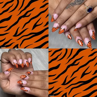Unleash your wild side with this fierce tiger print nail art. I hand-painted the stripes over a nude base for a look that's both trendy and bold.