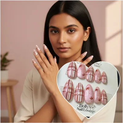 My press-on nails give you a perfect manicure instantly. This image shows a model wearing a chic plaid design, with the actual press-on set displayed.