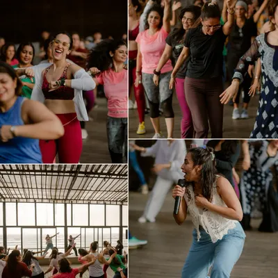 A collage capturing the vibrant energy of our corporate wellness workshops. You can see the smiles, the synchronized movements, and the fun we have while leading groups in team-building dance activities.