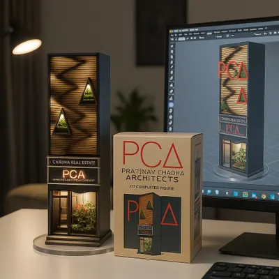 A collectible figurine of my own office, Pratinav Chadha Architects. This concept transforms my architectural designs into miniature art pieces, showcasing my brand's creative and innovative spirit.