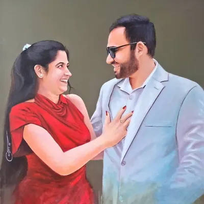 This commissioned painting captures a candid, joyful interaction between a couple. My aim was to freeze this fleeting moment in time, focusing on their expressions and body language.