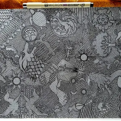 A throwback to my 'Game of Thrones' zentangle. This large piece is filled with sigils and symbols from the series, all drawn with a Pigma Micron pen. It's a great example of a highly personalized and themed artwork.