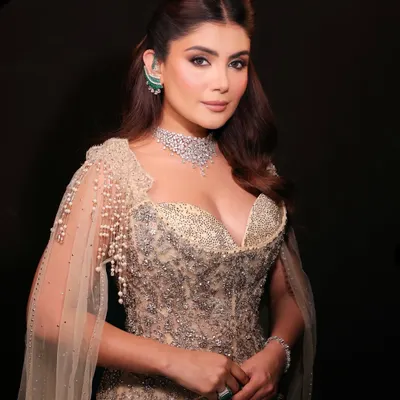 This look is bronzed perfection, designed for a high-fashion cocktail event. I focused on creating a warm, shimmering glow with expertly blended eyeshadows and a contoured base to complement this magnificent Tarun Tahiliani couture gown.
