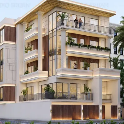 An angled view of a 6006 sq. ft. neoclassical residence in Naraina Vihar. The design incorporates grand columns spanning two floors, creating a sense of scale and luxury, blended with modern materials like wood and glass.