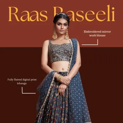 This peacock blue lehenga is a true statement piece. I designed it with a fully flared digital print skirt, a heavily embroidered mirror-work blouse, and a dupatta with a scalloped zari border.