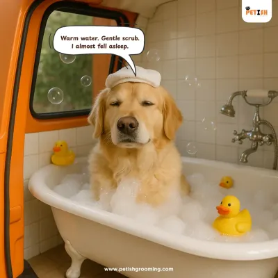If dogs could talk, they'd tell you how relaxing a warm bath in my van is. This golden retriever almost fell asleep!