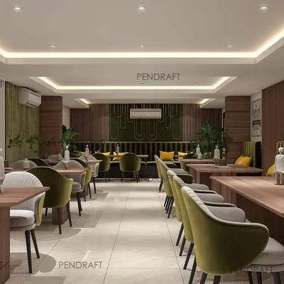 A conceptual render for a redesigned hotel restaurant in Amritsar. The design uses a mix of seating arrangements, including plush booths and chairs in olive green, to enhance the dining experience for guests.