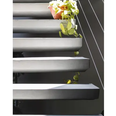 A close-up of the custom-designed concrete staircase. Each step has a unique, soft-edged profile, transforming a simple functional element into a piece of minimalist sculpture.